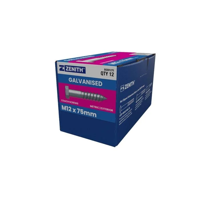 ZENITH M12 x 75mm Hot Dip Galvanised Hex Head Coach Screws - 12 Pack