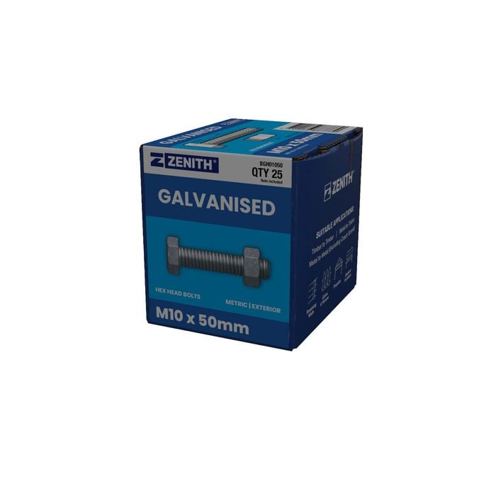 ZENITH M10 x 50mm Hot Dip Galvanised Hex Head Bolts and Nuts - 25 Pack