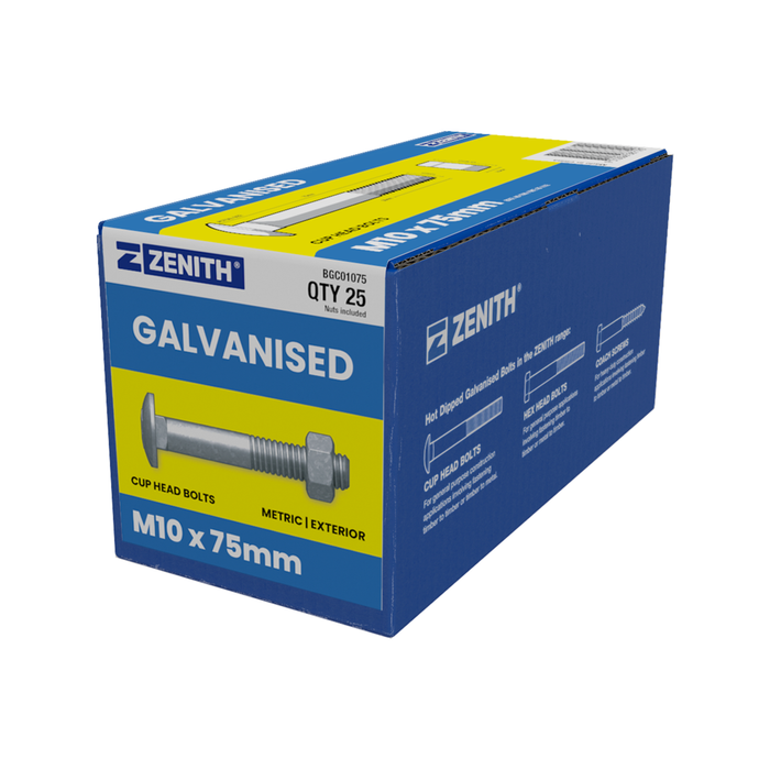 ZENITH M10 x 75mm Hot Dip Galvanised Cup Head Bolts And Nuts - 25 Pack