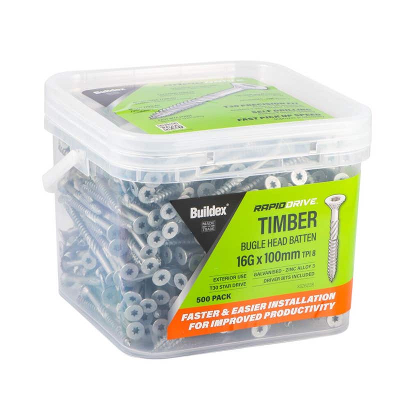 Buildex RapidDrive Zinc Alloy Bugle Head Batten Screws 16-8 x 100mm - Box of 500