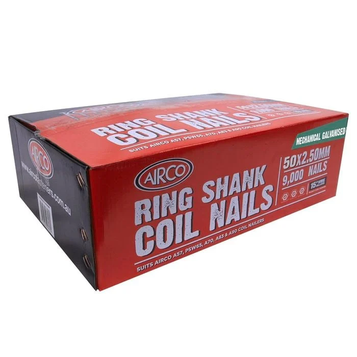 Airco 50 x 2.50mm Mechanical Galvanised Ring Shank Coil Nails - 9000 Pack